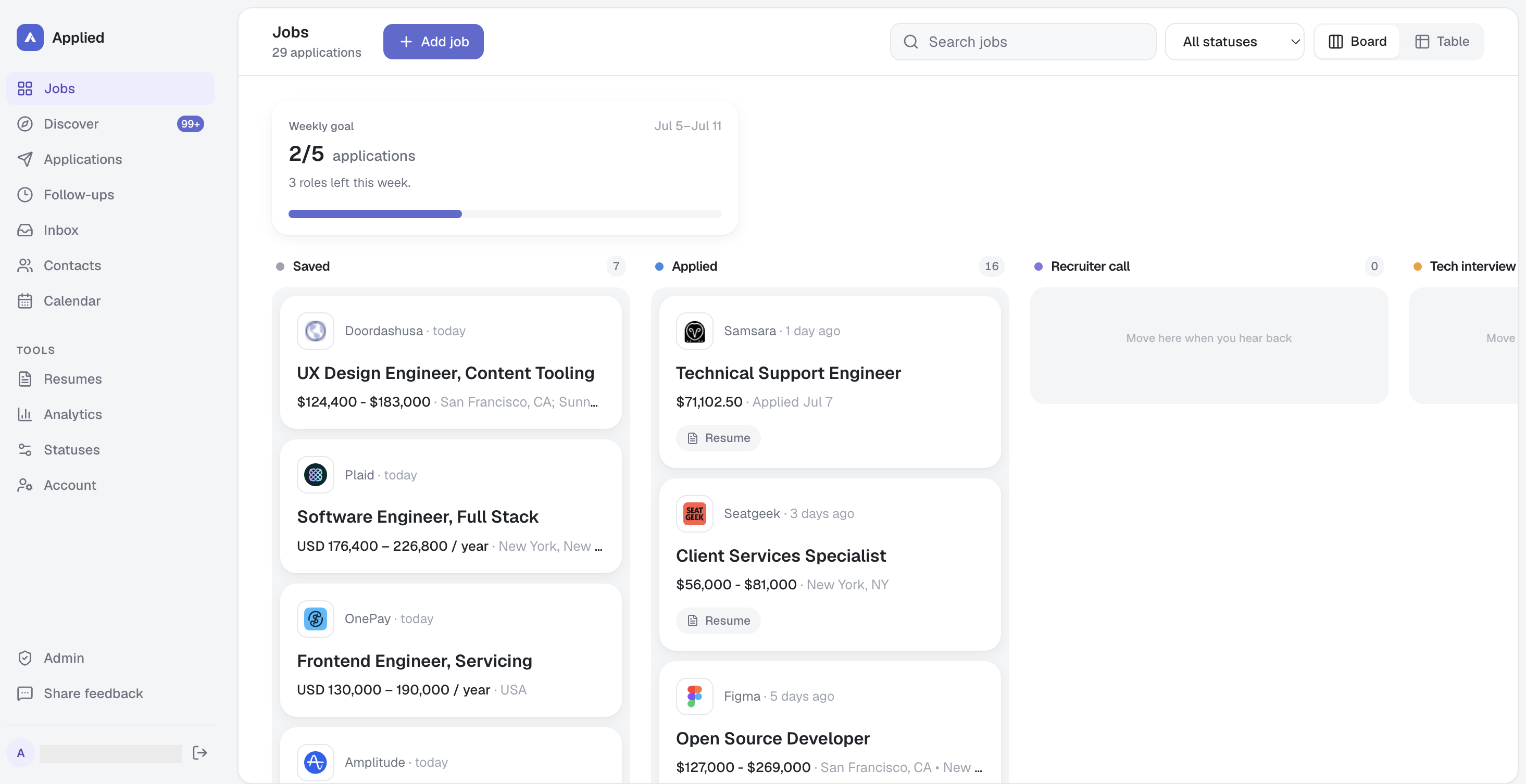 Applied dashboard showing your job search pipeline