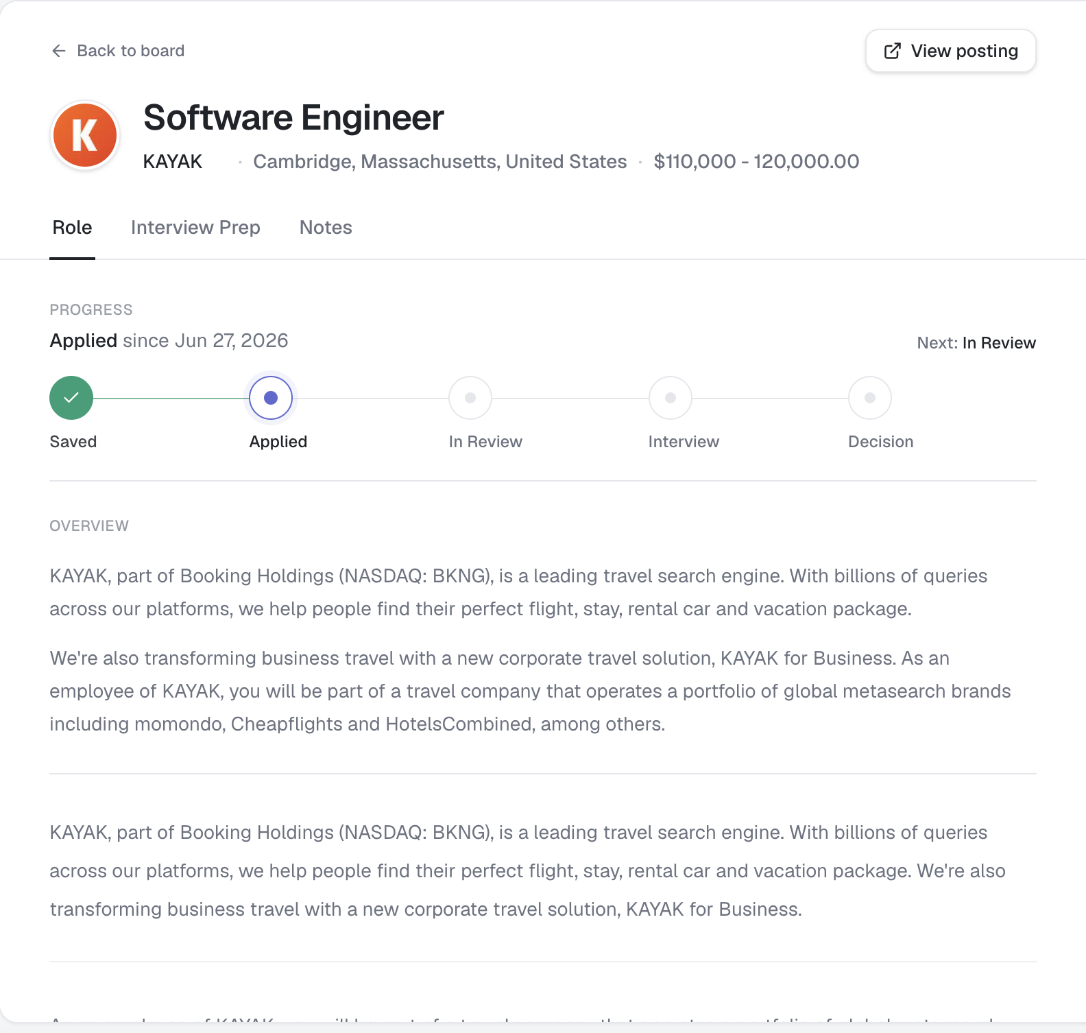 Applied role page with timeline and posting summary